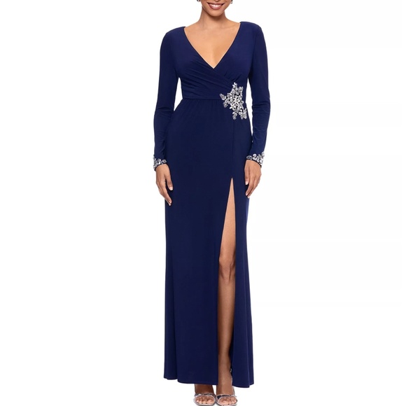 Betsy & Adam - Jersey Embellished Long-Sleeve Gown - Picture 1 of 13